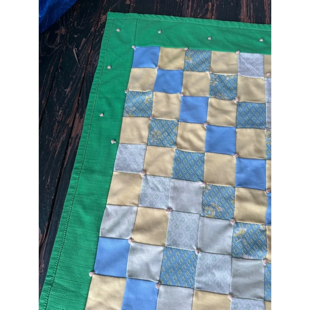 Handmade Patchwork Baby Quilt Green Blue Yellow Square Pattern Lap Blanket 42x42